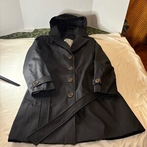 Calvin Klein Ladies'Trench Coat Pockets Removable Hood, Black PL, 4 Buttons, Tie